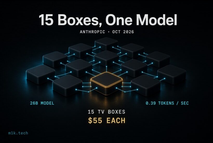 15 Boxes, One Model, Anthropic Oct 2026: 15 networked TV boxes running a 26B model at 0.39 tokens/sec, $55 each, m1k.tech