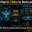Infographic: AMD's $8.2B all-stock deal for World Labs (~70 researchers) turns text/video prompts into Gaussian Splat 3D world models, feeding an Instinct chip roadmap—Nexus 2026, Horizon 2027, Genesis 2028—giving AMD an influence seat in roadmap decisions rather than revenue