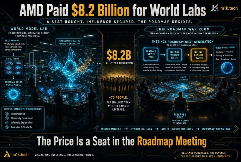 Infographic: AMD's $8.2B all-stock deal for World Labs (~70 researchers) turns text/video prompts into Gaussian Splat 3D world models, feeding an Instinct chip roadmap—Nexus 2026, Horizon 2027, Genesis 2028—giving AMD an influence seat in roadmap decisions rather than revenue