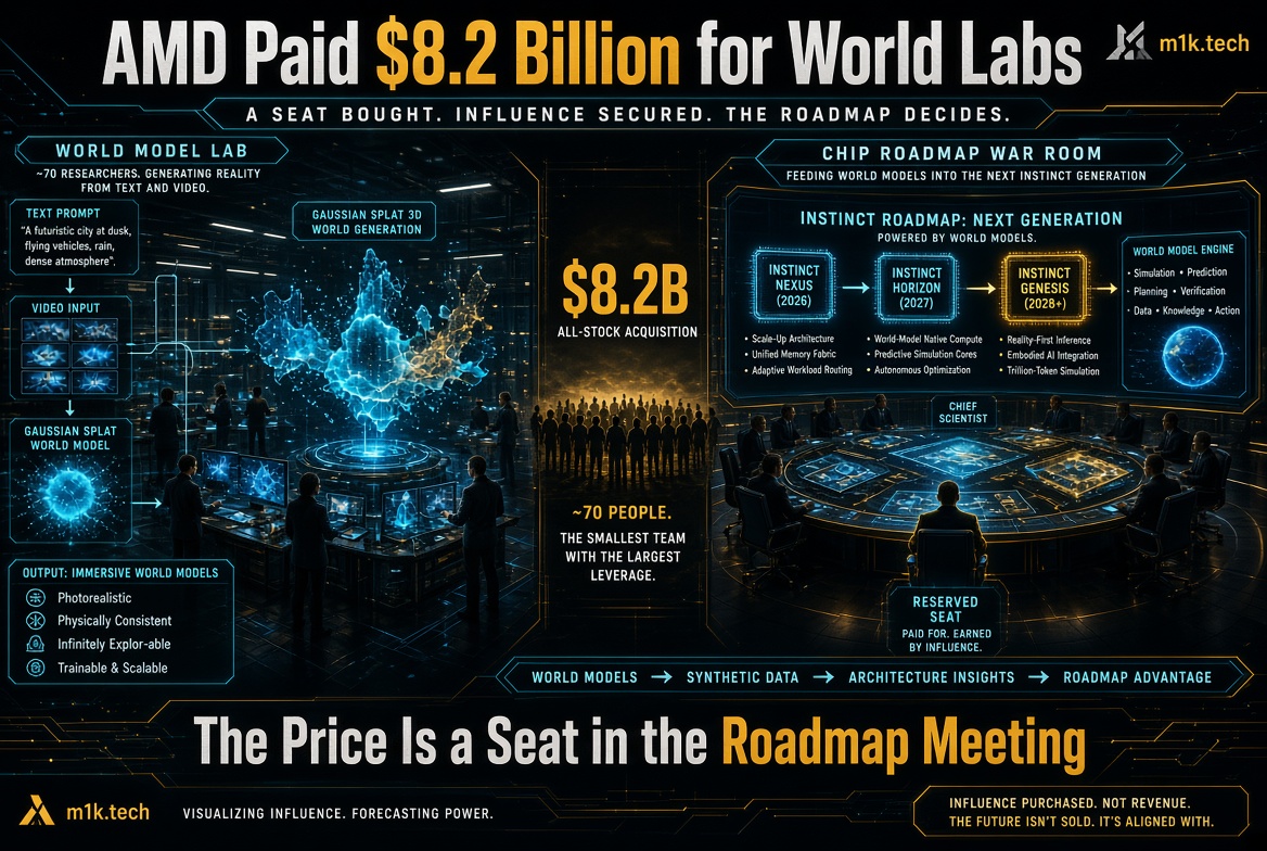 Infographic: AMD's $8.2B all-stock deal for World Labs (~70 researchers) turns text/video prompts into Gaussian Splat 3D world models, feeding an Instinct chip roadmap—Nexus 2026, Horizon 2027, Genesis 2028—giving AMD an influence seat in roadmap decisions rather than revenue