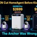 Infographic: UGREEN cut HomeAgent prices before Kickstarter launch. HA100 now $799 (was $1599), HA100 Pro $2699 (was $5399), MA100 $9999 (was $19999), with free cameras and hard drives bundled on October 13, November 13, and November 16-17. Caption reads "The Anchor Was Wrong