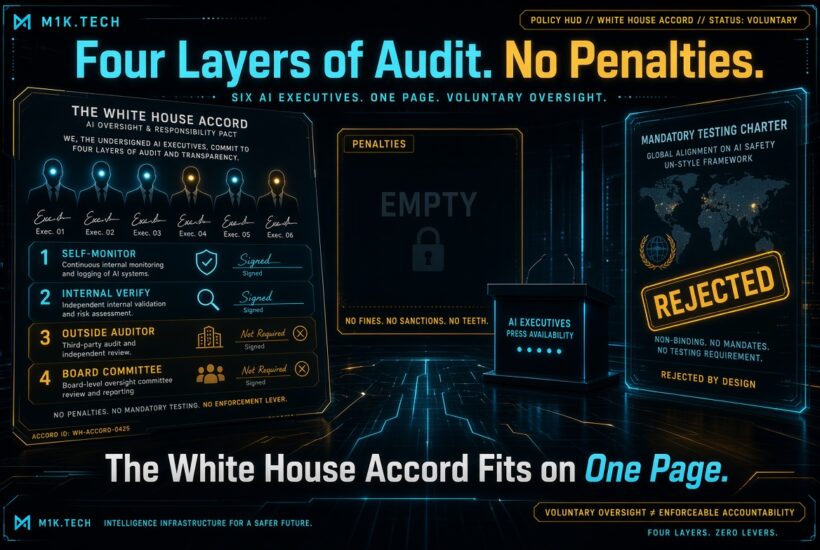 Infographic: White House Accord has six AI executives signing self-monitor and internal verify layers, but marking outside auditor and board committee oversight as not required. A penalties panel is empty and locked, with no fines or sanctions. A separate charter for mandatory global AI testing is stamped rejected, labeled non-binding with no mandates or testing requirement