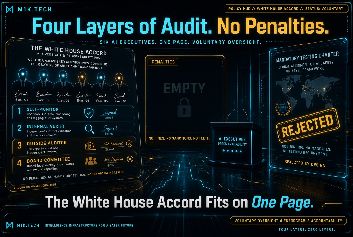 Infographic: White House Accord has six AI executives signing self-monitor and internal verify layers, but marking outside auditor and board committee oversight as not required. A penalties panel is empty and locked, with no fines or sanctions. A separate charter for mandatory global AI testing is stamped rejected, labeled non-binding with no mandates or testing requirement