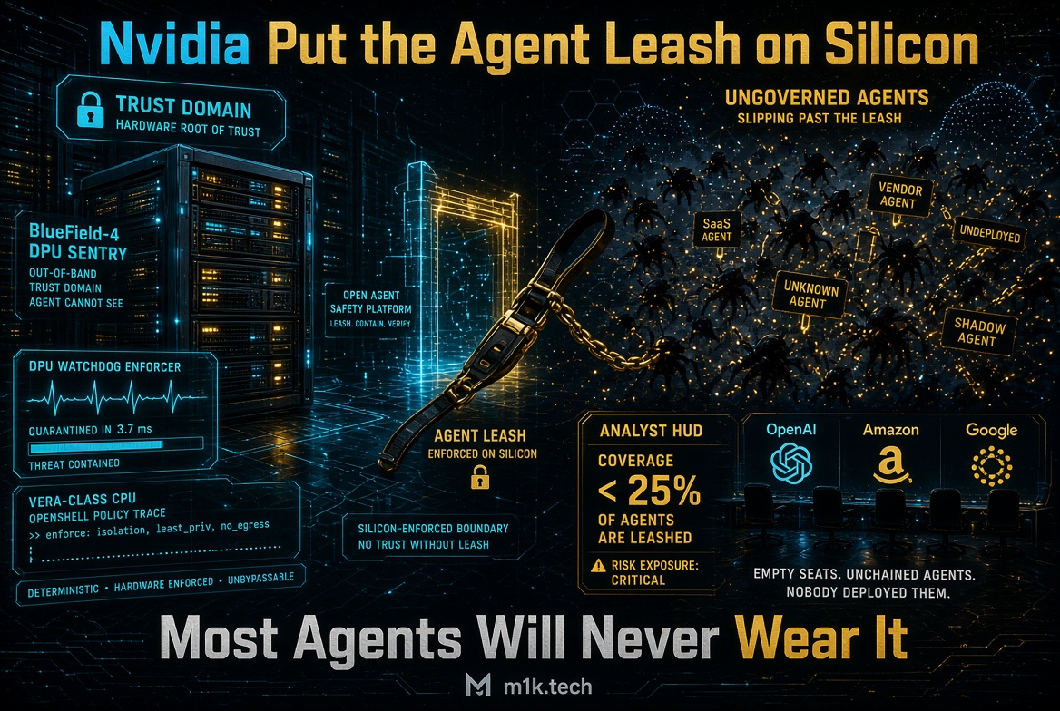 Infographic: Nvidia enforces AI agent control via silicon (BlueField-4 DPU Sentry, Vera CPU), but under 25% of agents are leashed, leaving SaaS, vendor, unknown, and shadow agents ungoverned across OpenAI, Amazon, and Google platforms. Headline: Most Agents Will Never Wear It